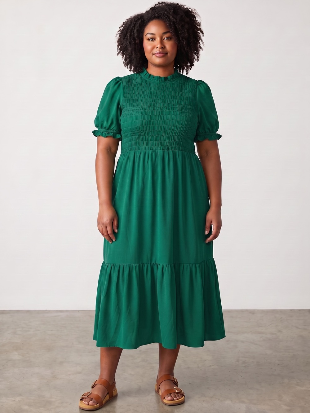 New London Times Smocked Bodice Puff Sleeve Midi Dress In Evergreen Size 16